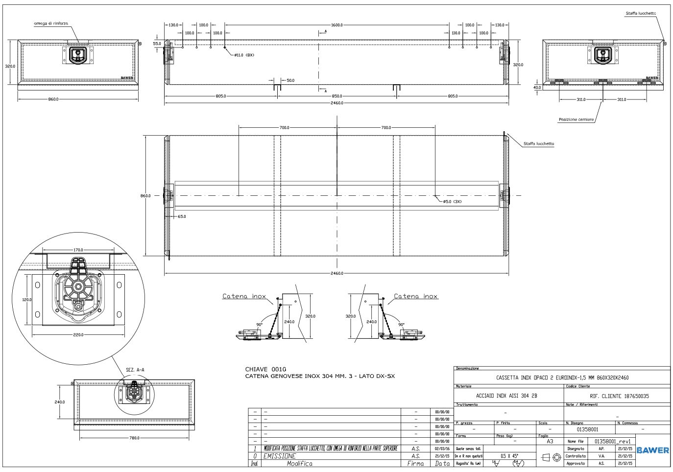 Bawer coffre à outils - 860 x 320 x 2460 mm (LxHxP) - acier inoxydable