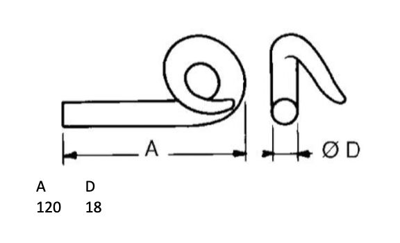 Pommier hook with pigtail - type B - 120 mm long - right