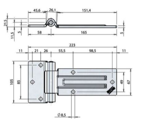 Pommier zijdeurscharnier vlak 165 mm - uitneembare pen met smeernippel