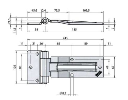 Pommier side door hinge with offset 185 mm - removable pin - stainless steel