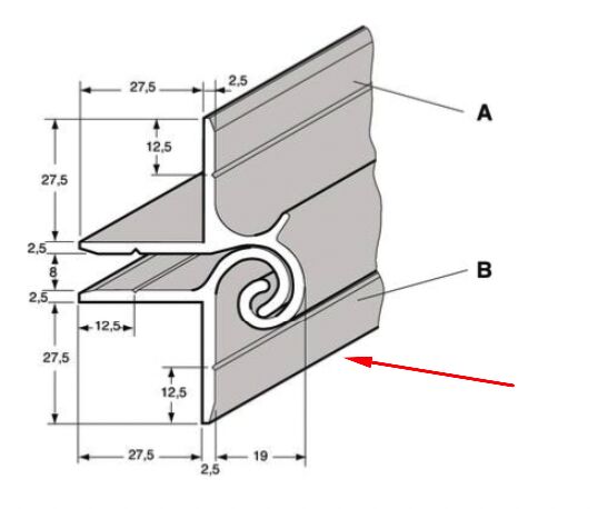 Pommier charnière profilée de valve - en dessous - 5000 mm de long - aluminium