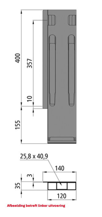 Kinnegrip K20 achterrong - 400 mm - rechts - met sluiting - geanodiseerd aluminium