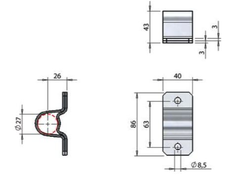 Pommier rod guide - for locking Ø 27 mm - height 40 mm - stainless steel