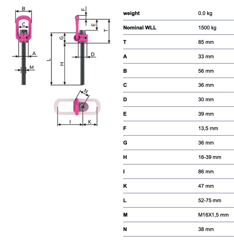 RUD VLBG - 1,5t - M16x1,5 - anneau de levage - longuer variable 16-39 mm 