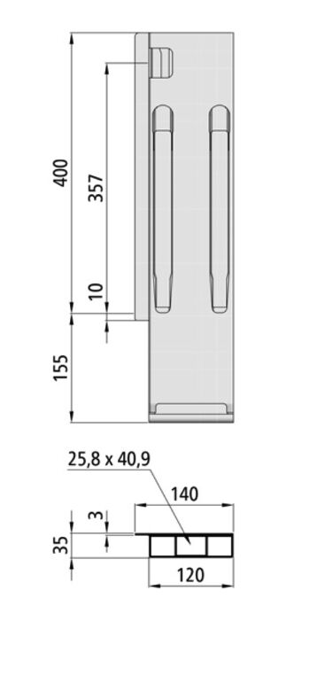 Kinnegrip support arrière K20 - 400 mm - gauche - aluminium anodisé
