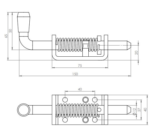 Rhiwa Quality trekgrendel met pen Ø 12 mm - met veer en zwarte knop - RVS