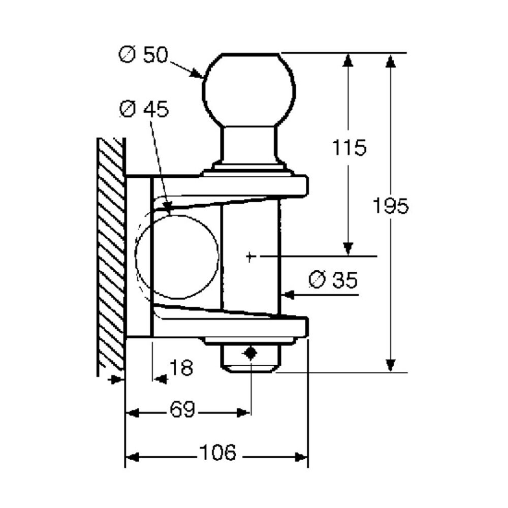 Pommier trailer hitch 31 kN - with ball head 21,1 kN Ø 50 mm - 4 -holes Ø 15 mm