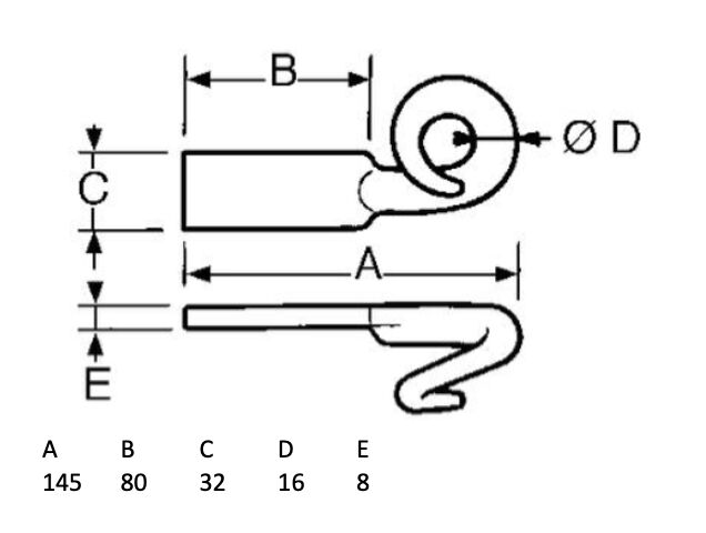 Pommier hook with pigtail - type D - 145 mm long - right