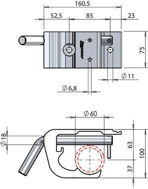 Pommier steunbeugel met 45° hendel - voor vleeshaak buis Ø 60 mm - aluminium