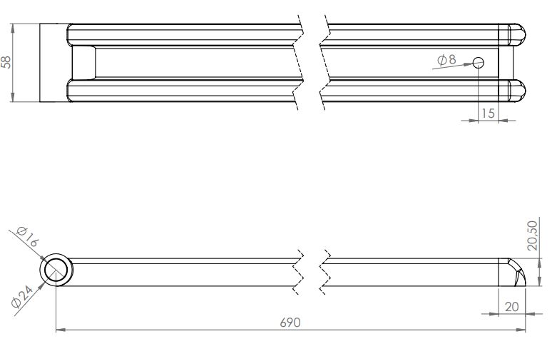 Rhiwa Quality M-profile hinge 690 mm - including end cap - zinc-plated