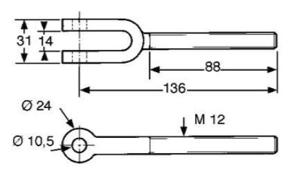Pommier tige à chape - extrémité filetée M12 - pour crochet de fermeture 1140500 / 1140501 - galvanisé