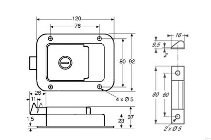 Pommier internal lock - 120 x 92 x 23 mm - with lock catch - stainless steel