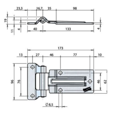 Pommier side door hinge with offset 133 mm - stainless steel