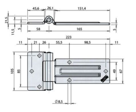 Pommier charnière de porte latérale plaque 165 mm - axe amovible - plus inoxydable