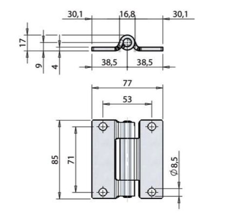 Pommier side door hinge flat 38,5 mm - zinc-plated