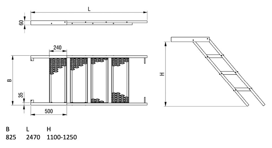 PWP pull out ladder - 7 steps - 2470 x 825 mm (LxW) - HDG