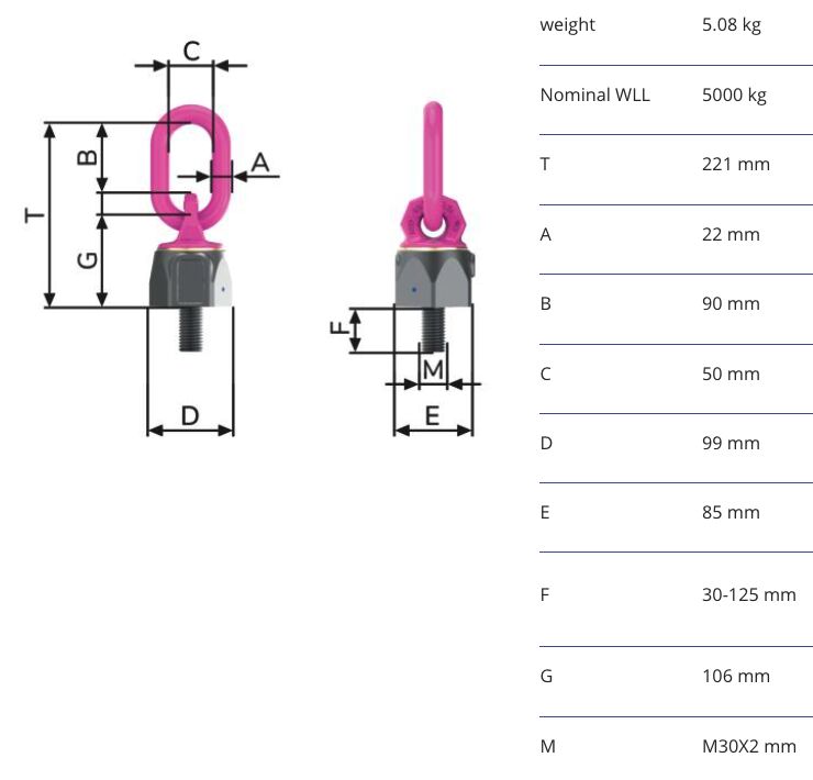 RUD lifting eye vario VWBG-V - 5t - M30x2 - variable length 30-125 mm