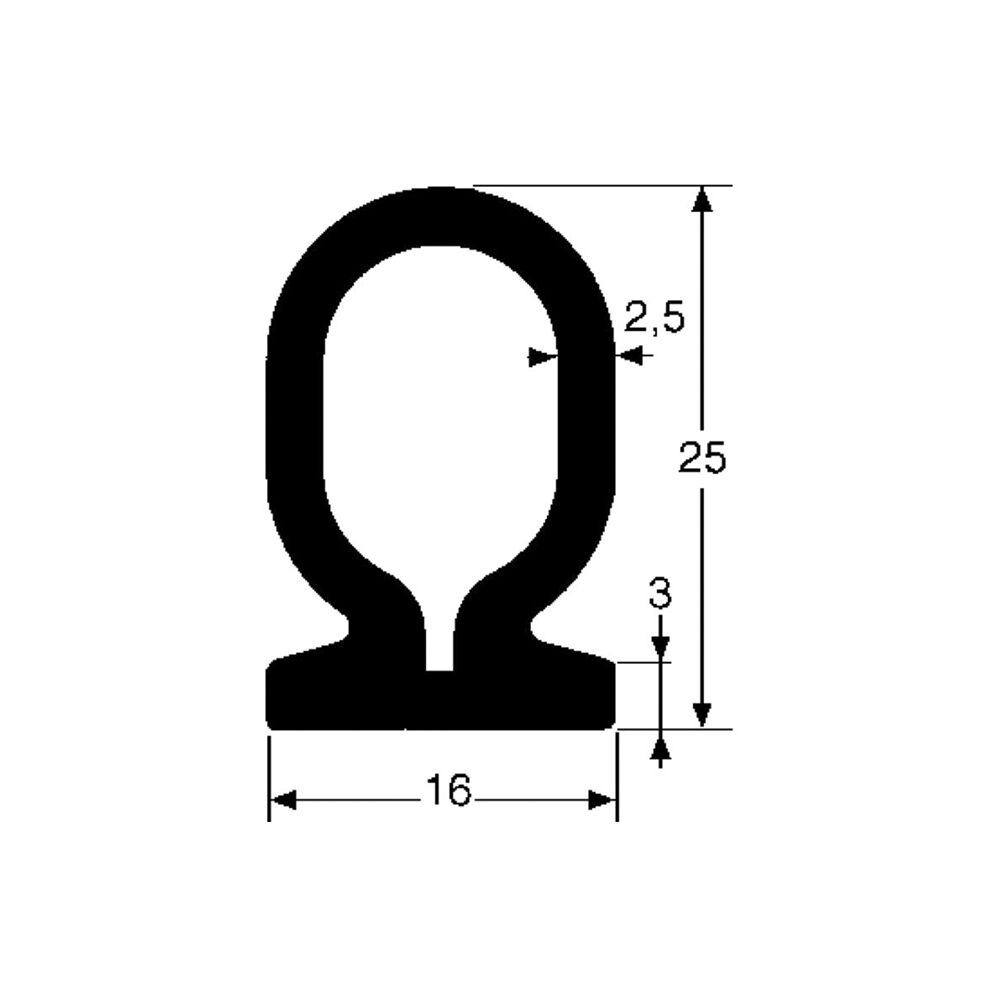 Pommier sealing rubber 25 x 16 mm - for tailgate - 1,6 meter - black EPDM