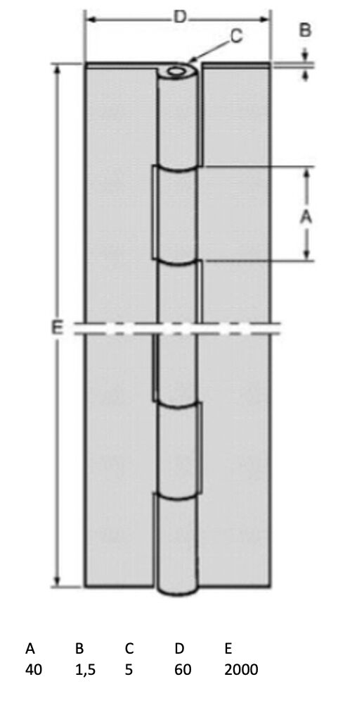 Pommier piano hinge 60 x 1,5 x 2000 mm (WxTXL) - undrilled - steel