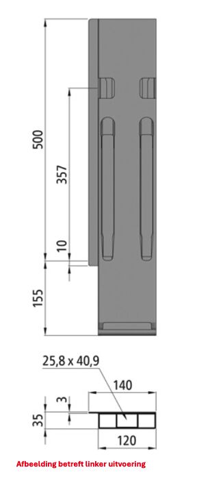 Kinnegrip K20 achterrong - 500 mm - rechts - met sluiting - geanodiseerd aluminium