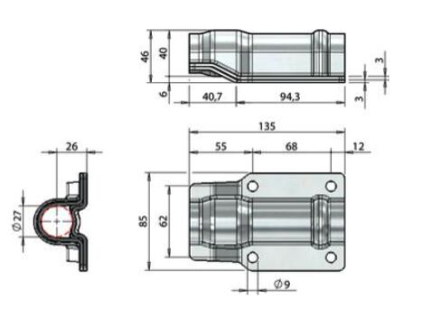Pommier rod guide - for locking Ø 27 mm - height 135 mm - stainless steel