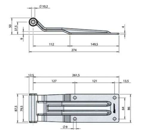 Pommier rear door hinge plate 262 mm - trestle width 88 mm - zinc-plated