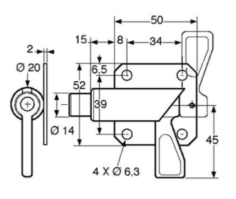 Pommier trekgrendel met plaat - pen Ø 14 mm - links - verzinkt