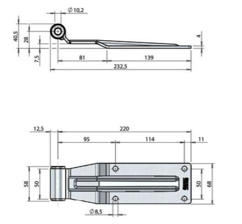 Pommier charnière de porte arrière charnière battant 220 mm - largeur support 58 mm - acrylique inoxydable