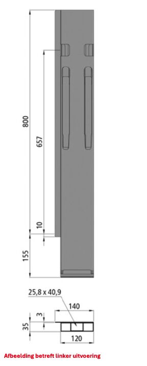 Kinnegrip K20 achterrong - 800 mm - rechts - TIR - met sluiting - geanodiseerd aluminium