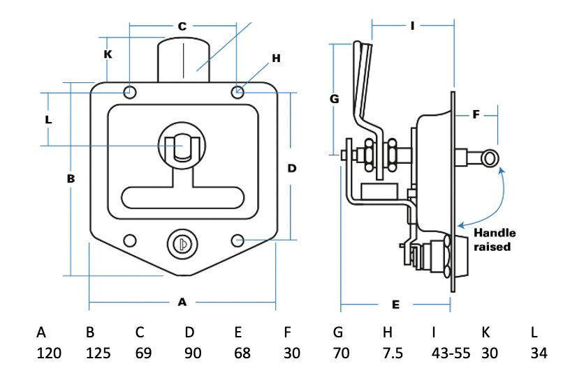 Rhiwa Quality drop-T lock - left closing - adjustable 43-55 mm - stainless steel