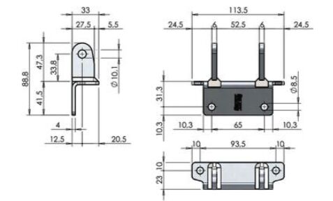 Pommier support pour charnière - à pêcheur - angle 90° - pour largeur de charnière 52 mm