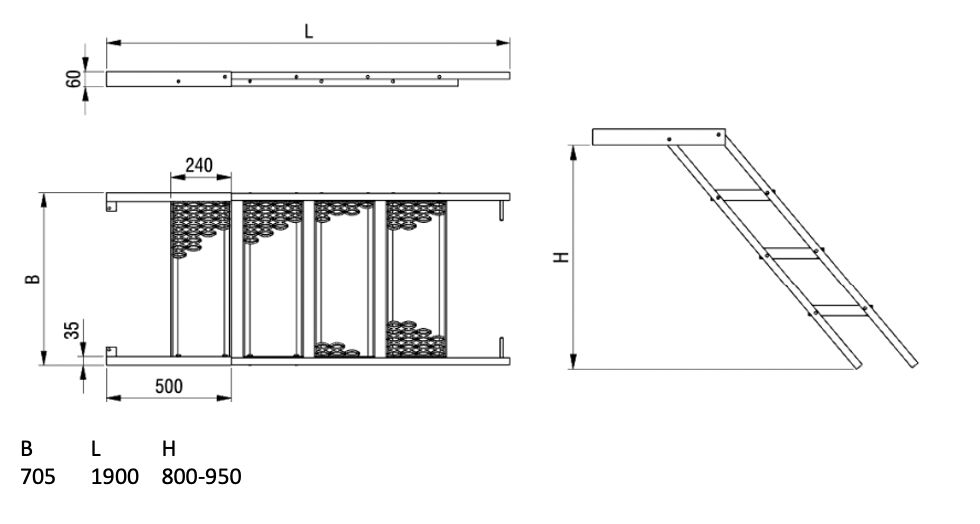 PWP pull out ladder - 5 steps - 1900 x 705 mm (LxW) - HDG
