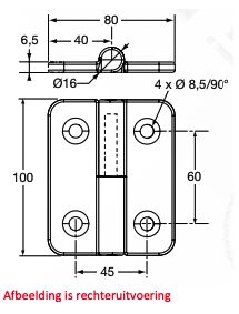 Pommier scharnier - links - 100 x 40 x 6,5 mm - kunststof met RVS pen