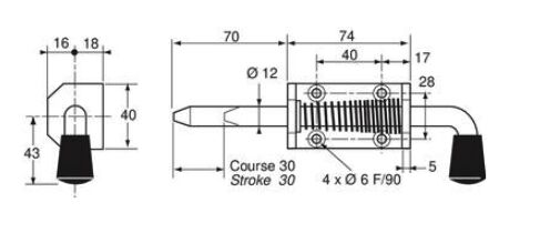 Pommier trekgrendel met pen Ø 12 mm - met veer en zwarte knop - verzinkt