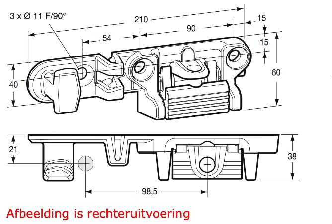 Pommier grendelplaat - links - voor handgreep 1201129 / 1201132 - verzinkt