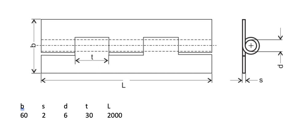 Rhiwa Quality piano hinge 60 x 2 x 2000 mm (WxTXL) - undrilled - stainless steel
