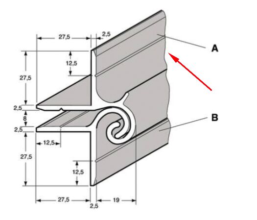 Pommier klepprofielscharnier - boven - 5000 mm lang - aluminium