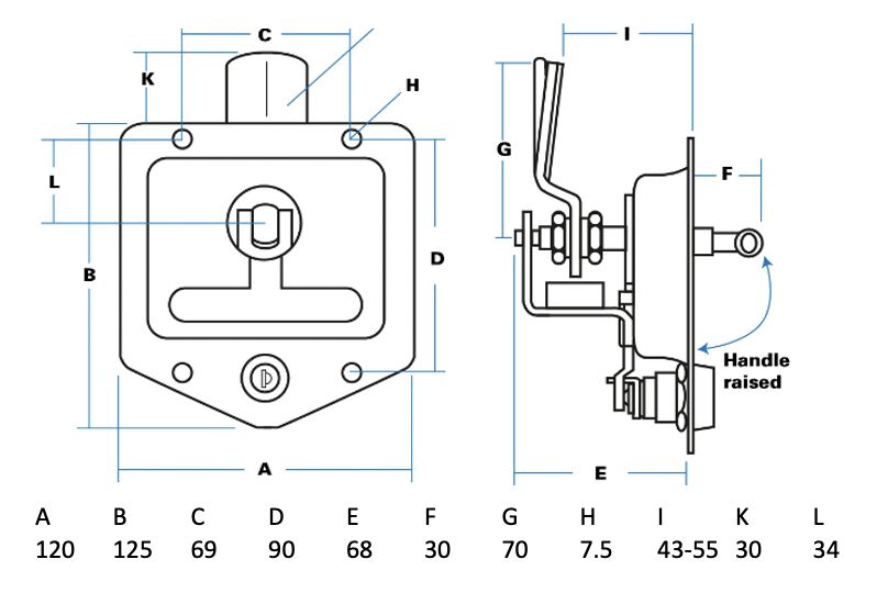 Rhiwa Quality drop-T lock - right closing - adjustable 43-55 mm - key FS880