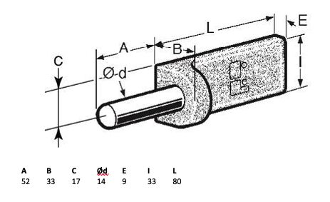 Pommier weld-on gudgeon - pin 52 mm long and Ø 14 mm - forged steel