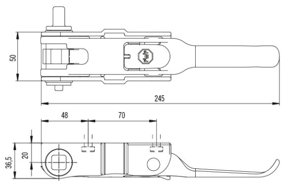 PWP opspanratel tender 36,5 mm rechts - vierkant aansluiting