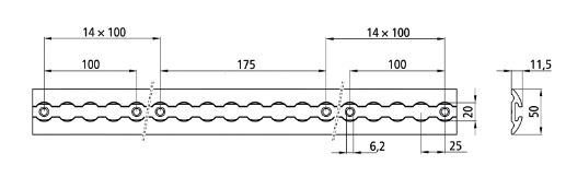 Rhiwa Quality airline anchor rail - hole Ø 20 mm - 3000 mm - semi-circular - black