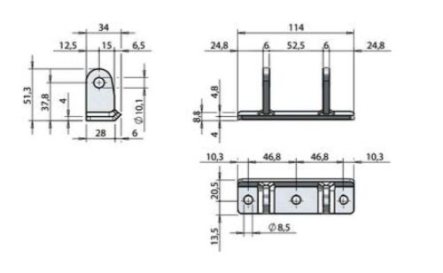 Pommier hinge trestle - bolt-on - for hinge plate width 52 mm - stainless steel
