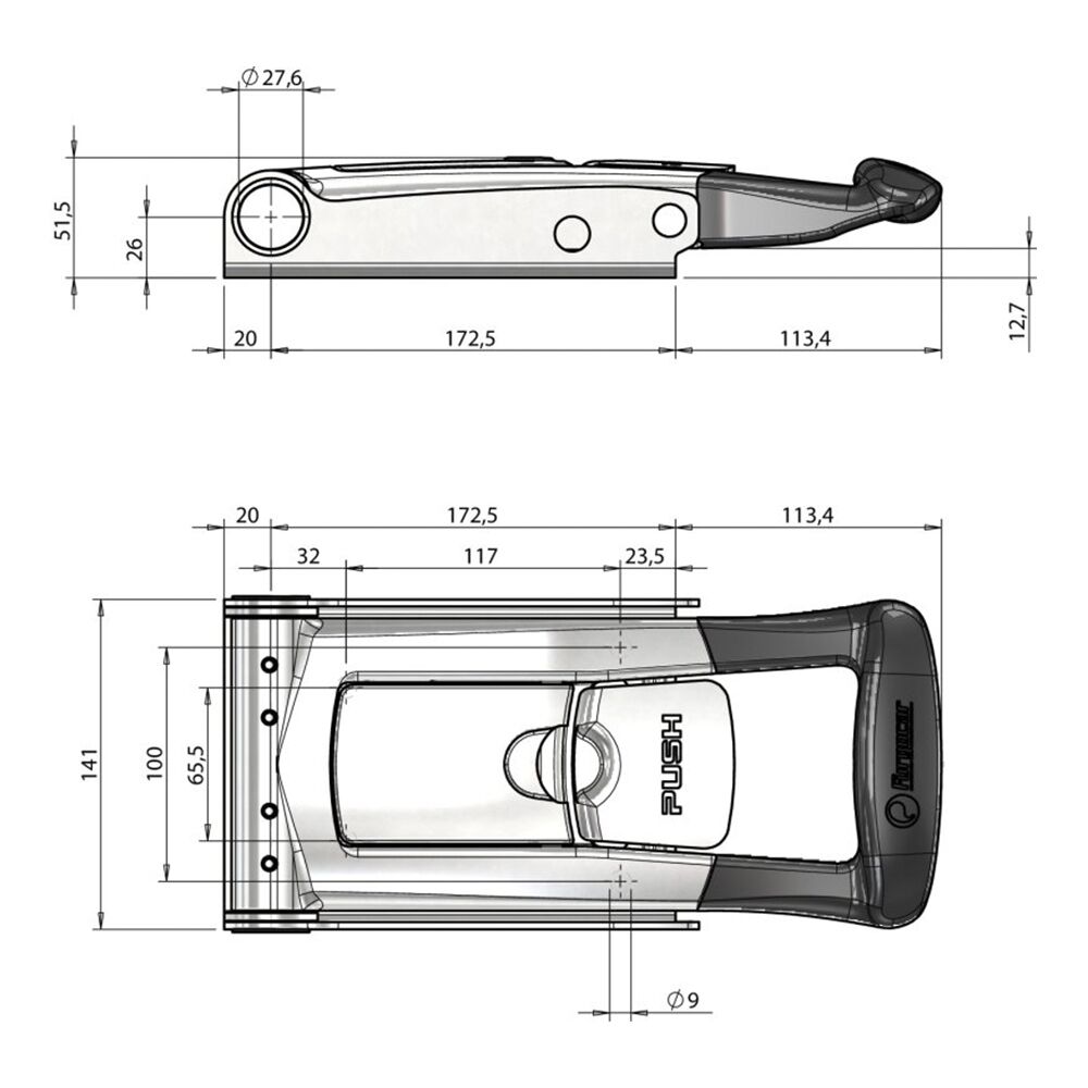 Pommier handgreep Torseo push - voor sluiting Ø 27 mm - RVS