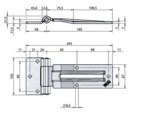 Pommier side door hinge with offset 185 mm - removable pin with grease nipple