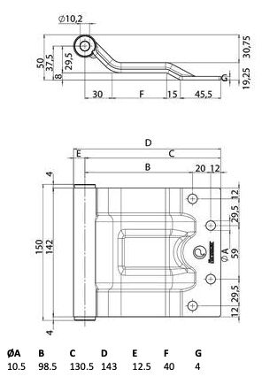 Pommier rear door hinge plate 130,5 mm - type HK40-60 - trestle width 150 mm