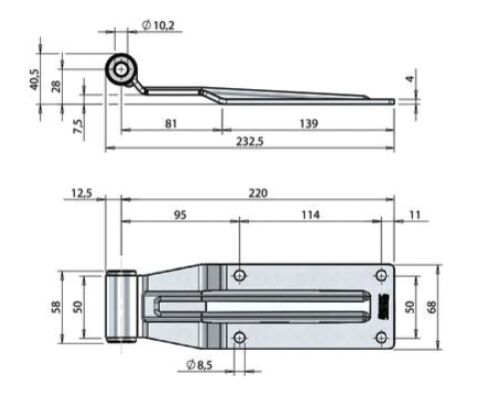 Pommier rear door hinge plate 220 mm - trestle width 58 mm - zinc-plated