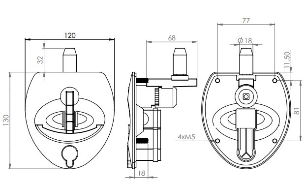 Rhiwa Quality vector T-handle compression lock - 18 mm studs mounting - key 843