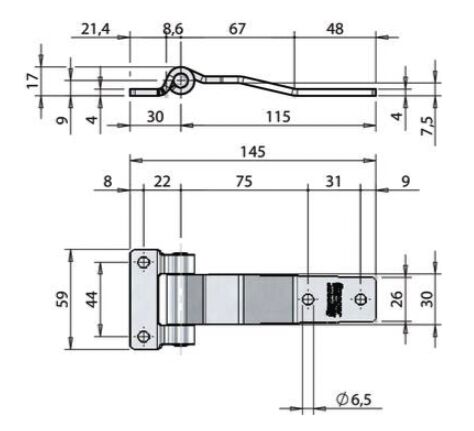 Pommier side door hinge with offset 115 mm - zinc-plated