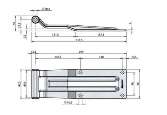 Pommier rear door hinge plate 300 mm - trestle width 98 mm - zinc-plated