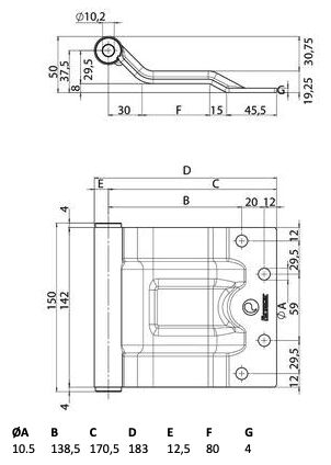 Pommier rear door hinge plate 170,5 mm - type HK80-100 - trestle width 150 mm